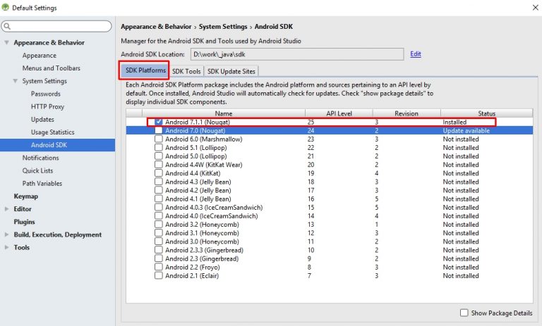 В настройках не указаны пути расположения android sdk 1с